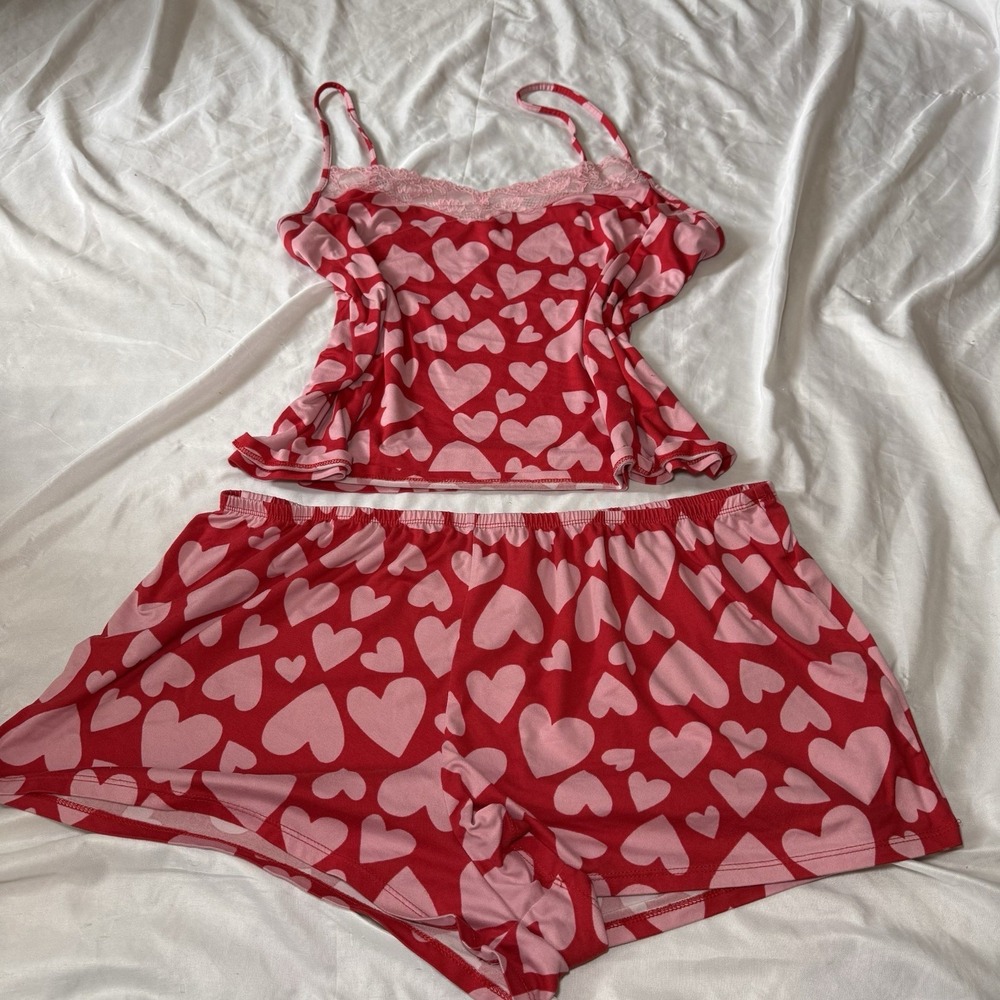 Joyspun Heart Pajama Set Shorts Cami Pink Red Small Y2K